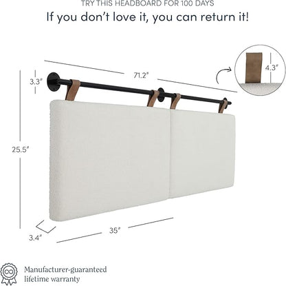 Nathan James Charlie Wall Mount Hanging Headboard, King, White Boucle with Brown Faux Leather Straps