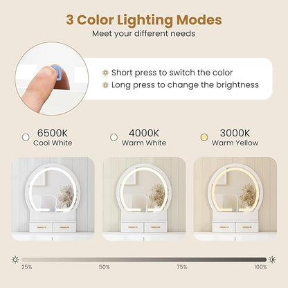 CHARMAID Vanity Desk with Mirror and Lights, Modern Makeup Vanity Table with 4 Drawers, 3-Color Dimmable LED Mirror, Girls Dressing Table and Stool Set for Small Bedroom (White)