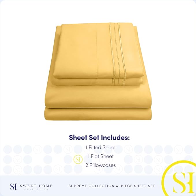 Split King Sheets - Breathable Luxury Sheets with Full Elastic & Secure Corner Straps Built In - 1800 Supreme Collection Extra Soft Deep Pocket Bedding Set, Sheet Set, Split King Size, Yellow