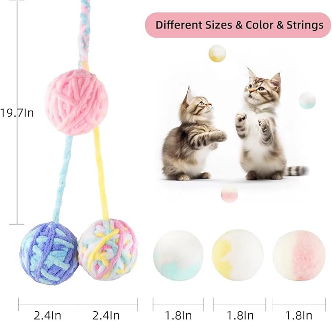 TUSATIY 9PCS Cat Ball Toy, Multi-Colored Cats Fuzzy Balls & Woolen Yarn Kitten Toys Balls with Bell Inside,Soft Interactive Cat Toys for Indoor Cats Self Play-Mewly Pet