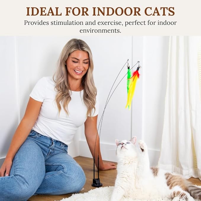 Suction Cup Cat Toys for Indoor Cats Interactive Suction Cup Cat Wand Toy Feather Teaser for Indoor Cats & Kittens Multi Surface Base for Hands Free Play-Mewly Pet