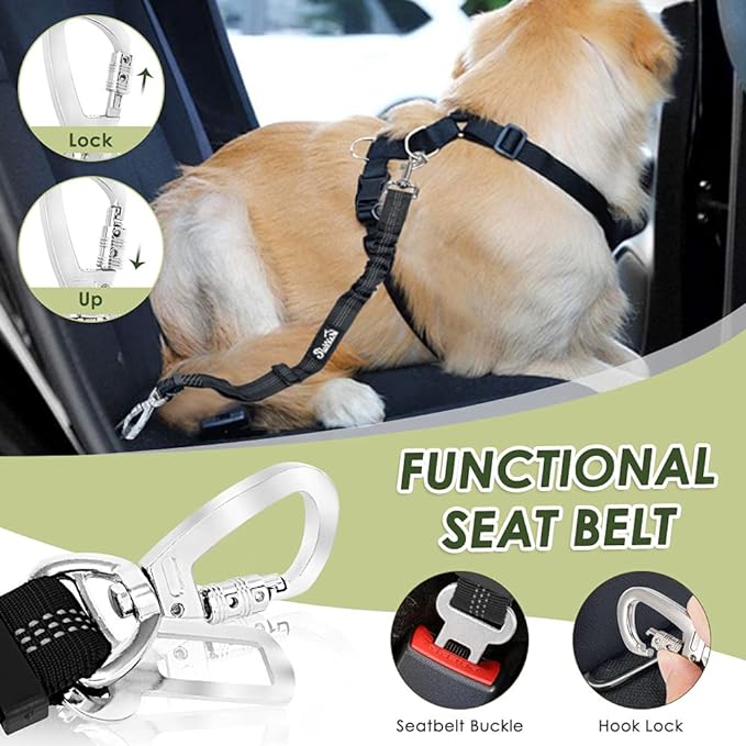 SlowTon Dog Seat Belt Harness for Car, Dog Car Harness Adjustable Mesh Breathable & Dog Seatbelt Safety Tether with Elastic Bungee for Small Medium Large Pets(Black, Double Clip, M)-Mewly Pet