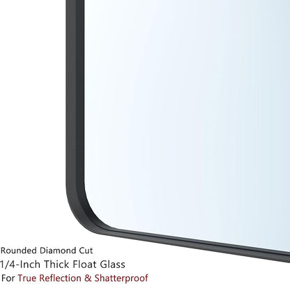 VocalStar 48 x 32 Inch Black Metal Framed Bathroom Mirror for Wall, Large Rounded Rectangle Matte Black Bathroom Vanity Mirror Farmhouse, 1/4-inch Shatterproof Glass | Ultra-Flush Hanging