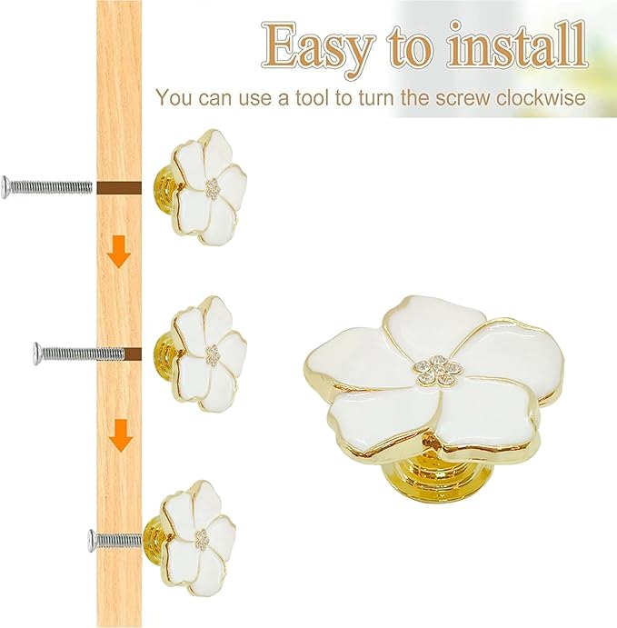 4 White Flower Petal Handles Kitchen Cabinet Knobs & Drawer Pulls (Gold, 8 Screws)