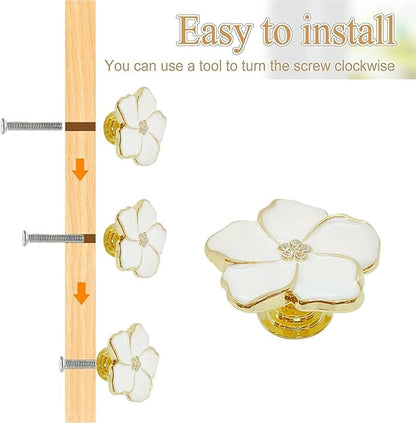 4 White Flower Petal Handles Kitchen Cabinet Knobs & Drawer Pulls (Gold, 8 Screws)
