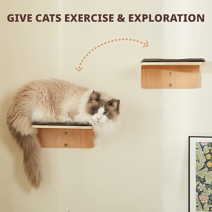 2 Set Cat Wall Steps - Wooden Cat Climbing Shelf for Wall - Cats Wall Stairs with Scratching Mat - Wall Mounted Cats Furniture for Jumping, Playing, and Lounging-Mewly Pet