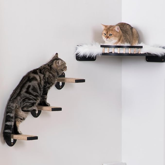3-in-1 Cat Wall Steps - Climbing Wall Furniture & Shelves with Hemp Rope, Solid Wood Cat Ladder (Standard-Black)-Mewly Pet