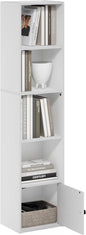 Furinno LUDER Book Shelf, 5-Tier Modern Bookshelf, Bookcase with 1 Door Storage Cabinet, 9.3" x 12" x 52", for Living Room, Bedroom, Home Office, White