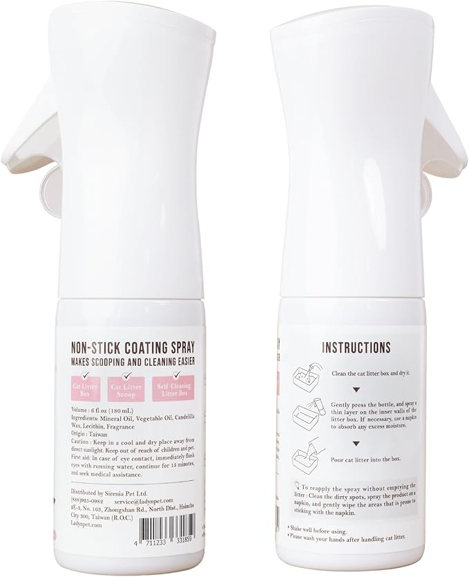 Lady N Non-Stick Spray for Cat Litter Box and Self-Cleaning Cat Litter Box, Alcohol-Free, Food Grade Mineral Oil, 6 fl oz-Mewly Pet