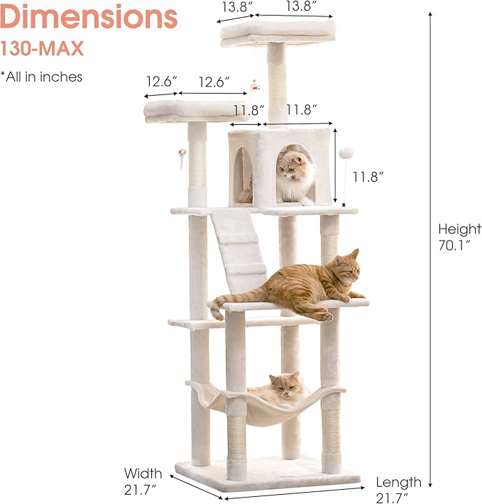 MWPO 70.1-Inch Large Cat Tree, Multi-Level Tall Cat Tower for Indoor Cats, Plush Cat Condo with Big Padded Perches, Sisal-Covered Scratching Posts, Hammock, Toys for Kittens & Cats - Beige-Mewly Pet