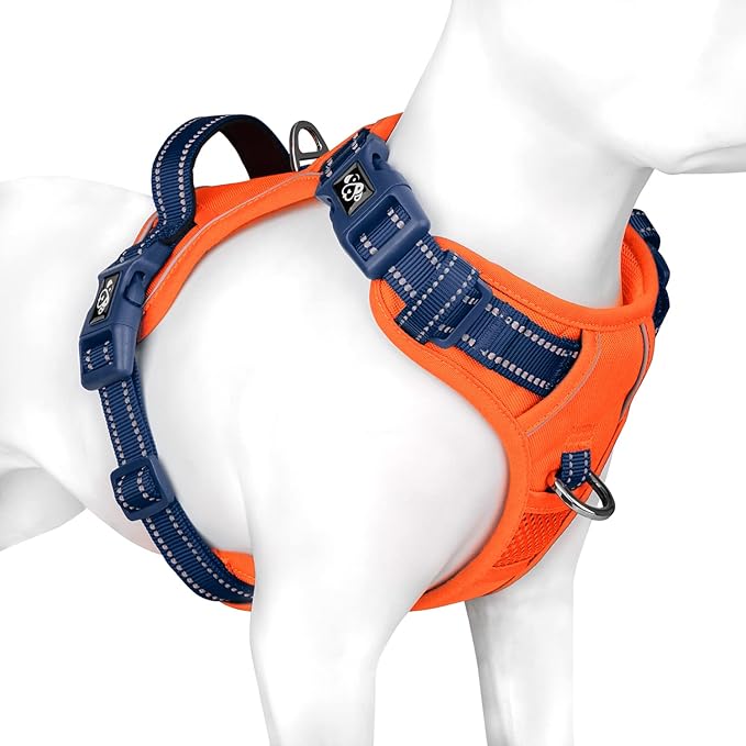 PHOEPET No Pull Dog Harness, Unique Colors Reflective Adjustable Dog Vest, with Soft Training Handle Metal Clips for Small Medium Large Dogs (Orange Base & Blue Straps,M)-Mewly Pet