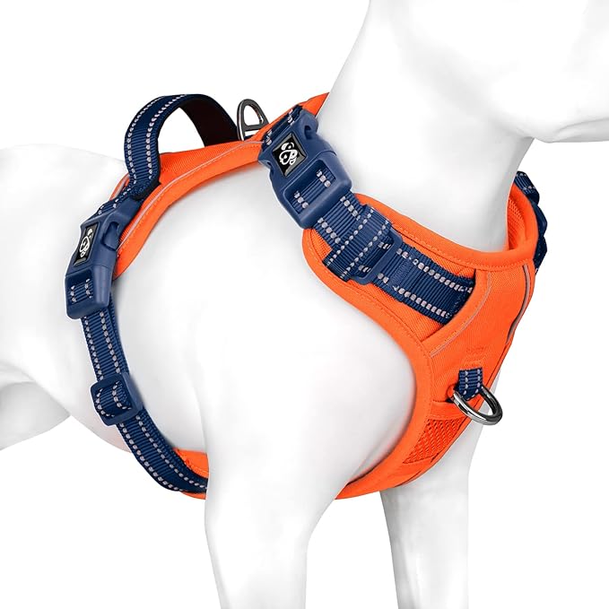 PHOEPET No Pull Dog Harness, Unique Colors Reflective Adjustable Dog Vest, with Soft Training Handle Metal Clips for Small Medium Large Dogs (Orange Base & Blue Straps,S)-Mewly Pet