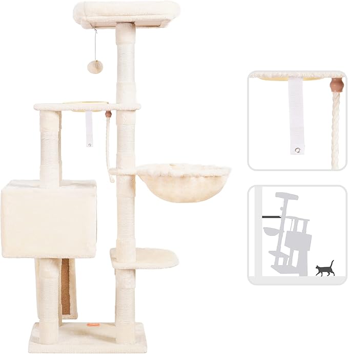 Heybly Cat Tree, Cat Tower for Indoor Cats with Scratching Board, Multi-Level Cat Furniture Condo with Feeding Bowl, Beige HCT010MM-Mewly Pet