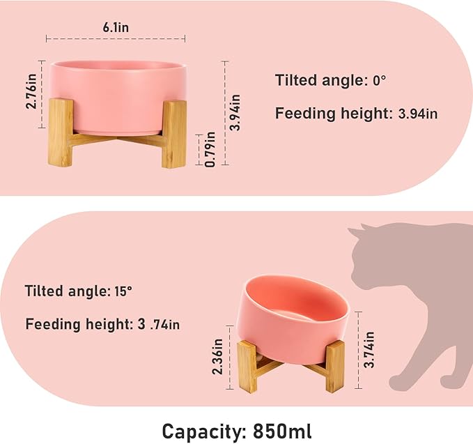 SPUNKYJUNKY 15° Slanted Ceramic Dog and Cat Bowl with Wooden Stand, Tilted Bulldog Food and Water Bowl No Slip Non-Spill for Cats Medium Dogs Big Face Pets 28.7 OZ (3.6 Cups,Pink)-Mewly Pet