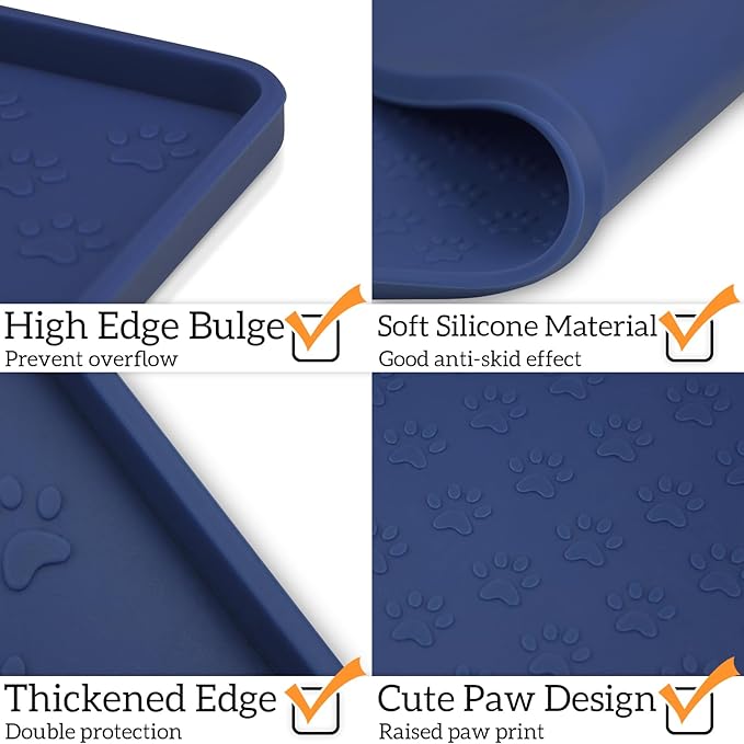 Ptlom Silicone Pet Placemat for Dog and Cat, Waterproof Non-Slip Pet Feeding Bowl Mats for Food and Water, Small Medium Large Tray Mat Prevent Residues from Spilling to Floor, Navy Blue, 24.5" 16.5"-Mewly Pet