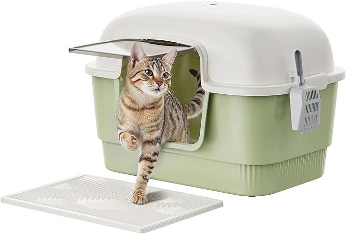 Cat Litter Box with Litter Mat and Scoop,High Wall Enclosed Cat Litter Boxes for Anti-Leakage, Covered Kitty Litter Box with Handle and Buckles for Portability and Privacy, Odor Control (Green)-Mewly Pet