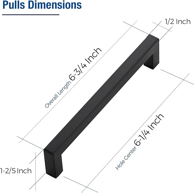 JOY DECOR 6 Pack Cabinet Handles, Black Cabinet Pulls, 6-1/4 Inch Kitchen Closet Handles Square Drawer Pulls Stainless Steel Drawer Hardware, 160mm Hole Centers