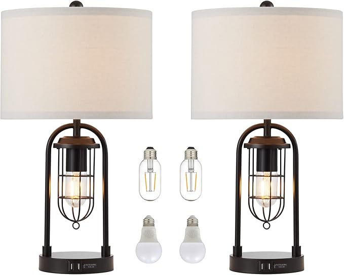 KAWOTI Set of 2 Farmhouse Table Lamps with USB Ports and Night Light Modern Nightstand Lamp for Living Room Bedroom（Bulbs Included）