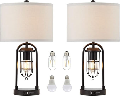 KAWOTI Set of 2 Farmhouse Table Lamps with USB Ports and Night Light Modern Nightstand Lamp for Living Room Bedroom（Bulbs Included）