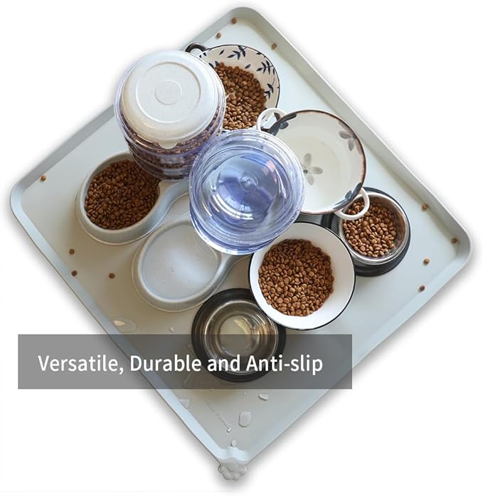 Hoki Found XX-Large Silicone Pet Food Mats Tray - Non Slip Pet Dog Cat Bowl Mats Placemat - Pet Water Mats for Carpet -Dog Pet Cat Feeding Mat - Waterproof Dog Cat Food Mats -Battleship-Mewly Pet