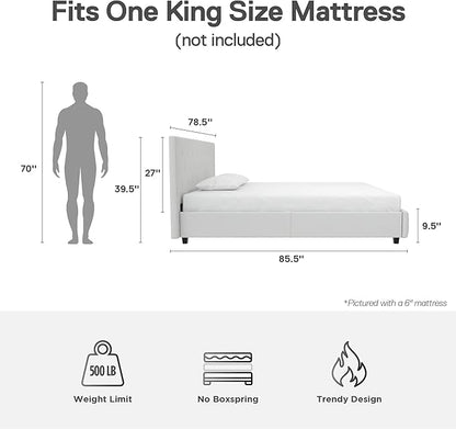 DHP Dakota Upholstered Platform Bed with Diamond Button Tufted Headboard and Footboard, No Box Spring Needed, King, White Faux Leather