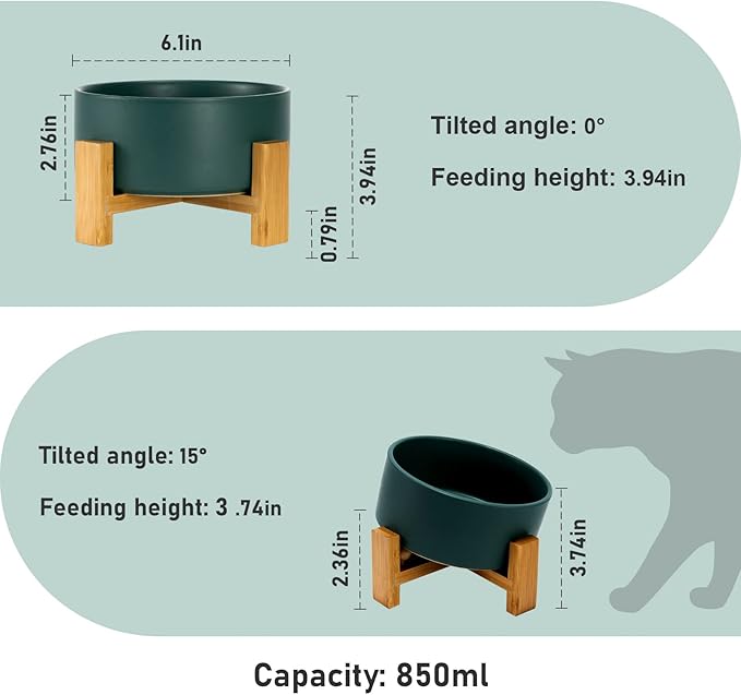 SPUNKYJUNKY 15° Slanted Ceramic Dog and Cat Bowl with Wooden Stand, Tilted Bulldog Food and Water Bowl No Slip Non-Spill for Cats Medium Dogs Big Face Pets 28.7 OZ (3.6 Cups, Green)-Mewly Pet