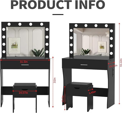Vanity Table Set with Lighted Mirror - Makeup Vanity with Charging Station, Large Drawer Sturdy Wood Vanity with Lights, 3 Color Modes, Adjustable Brightness，Black