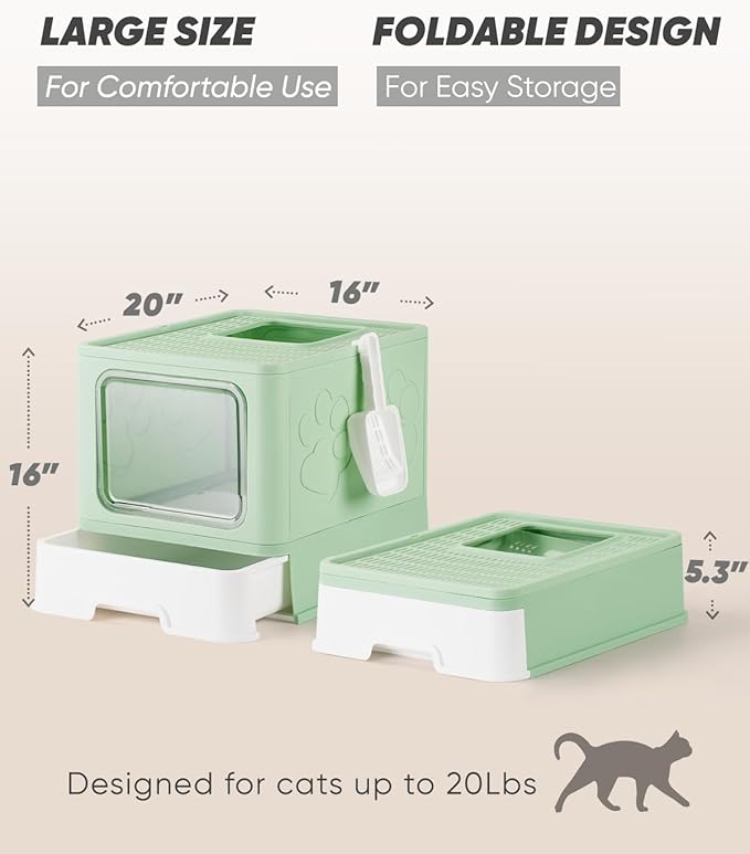 Enclosed Cat Litter Box, Large Litter Box for Big Cats, Covered Kitty Litter Boxes with Lid, Top Entry Cat Box Enclosure with Scoop, Odor Control, Easy to Clean(Green)-Mewly Pet