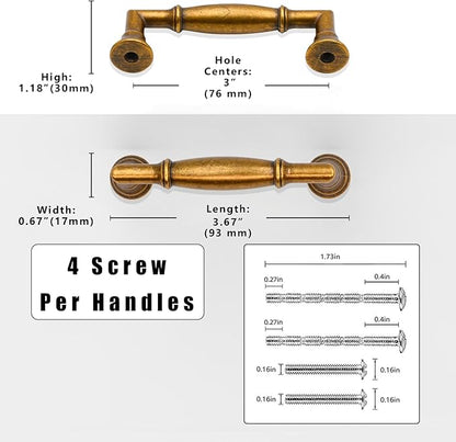 10 Pack Antique Brass Cabinet Pulls 3 Inch(76mm) Kitchen Cabinet Handles Solid Zinc Alloy Cabinet Hardware Drawer Pulls