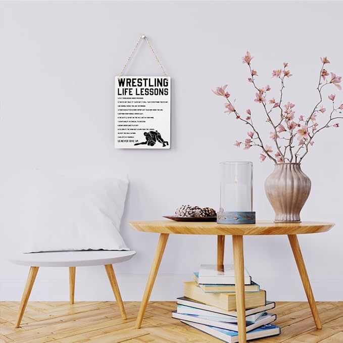 Wrestling Life Lessons Wooden Hanging Sign Inspirational Wrestling Wall Art Decor, Wrestling Wall Hanging Decor Signs for Home Office Bedroom Decoration 8x10 Inches