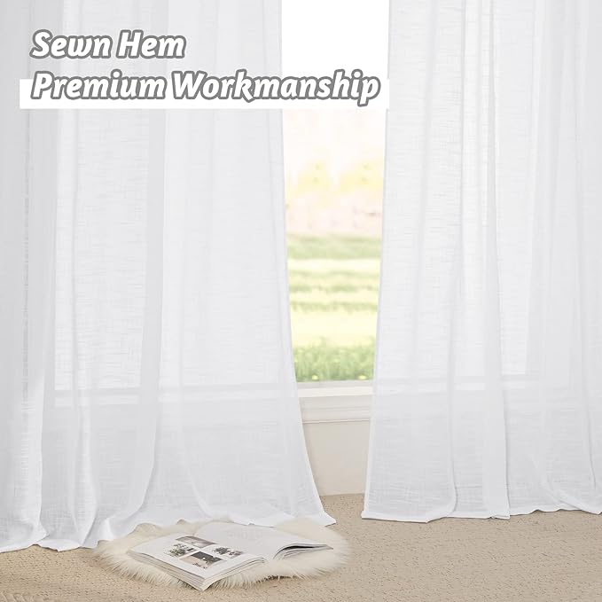 RYB HOME Sheer Curtains 63 inch Length 2 Panels - Linen Textured Fabric Semi Transparent Light Filtering Curtains for Living Room Bedroom Office Bathroom, Width 52 x Length 63 inches, 2 Panels