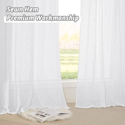 RYB HOME White Semi Sheer Curtains, Light Filtering Privacy Protection 2 Panels Set Linen Textured Small Window Treatments for Living Room Dining Bedroom, W 42 x L 54 inches, White, 2 Panels