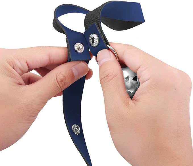 Leather Dog Doorbells for Door Knob/Potty Training/Go Outside, Length Adjustment Copper Dog Bell, Housetraining Hanging Bell, Blue Leather Silver Bells - 2 Pack-Mewly Pet