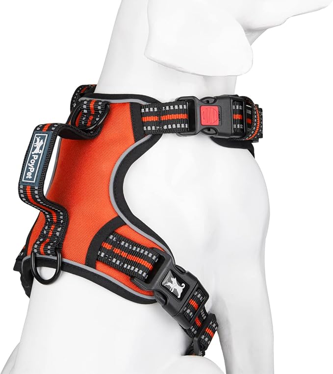 PoyPet No Pull Dog Harness, No Choke Front Clip Reflective Dog Vest with Soft Padded Vertical Handle, 3 Leash Attachments for Small Medium Large Dogs (Orange,M)-Mewly Pet