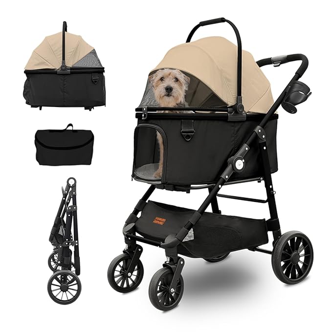 Dog Cat Stroller, Foldable 4 Wheels Dog Stroller for Small Medium Dogs 20 lbs,Pet Strollers for Large Dogs 50lbs, Stable Anti-Shock Detachble Carrier,with 360°Swiveling Front Wheel forTravel-Mewly Pet