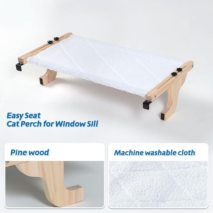 Easy Seat Cat Perch for Window Sill - Hammock Design w/Pine Wood & Robust Metal Frame - Cat Window Seat for Large Cats and Kittens (Natural Color Wood w/White Bed, Medium (23''W x 14''D))-Mewly Pet