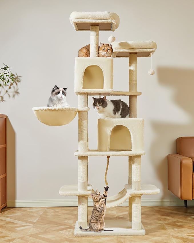Taoqimiao Cat Tree, 71.7-Inch Cat Tower for Indoor Cats, Plush Multi-Level Cat Condo with 13 Scratching Posts, 2 Perches, 2 Caves, Hammock, 2 Pompoms,Beige MS013LM-Mewly Pet