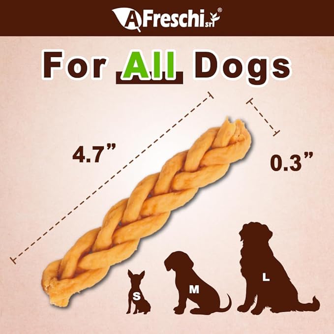 Afreschi Turkey Tendon Braided Stick 3.5 oz, Dog Treats for Classic Series, All Natural Human Grade Dog Treat, Suitable for Training chew, USA-Sourced Turkey Tendon, Rawhide Alternative-Mewly Pet