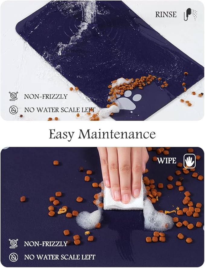 Pet Feeding Mat-Absorbent Dog Mat for Food and Water Bowl-No Stains Quick Dry Water Dispenser Mat-Dog Accessories Pet Supplies-Bowl for Messy Drinkers（Navy,12"x19"-Mewly Pet