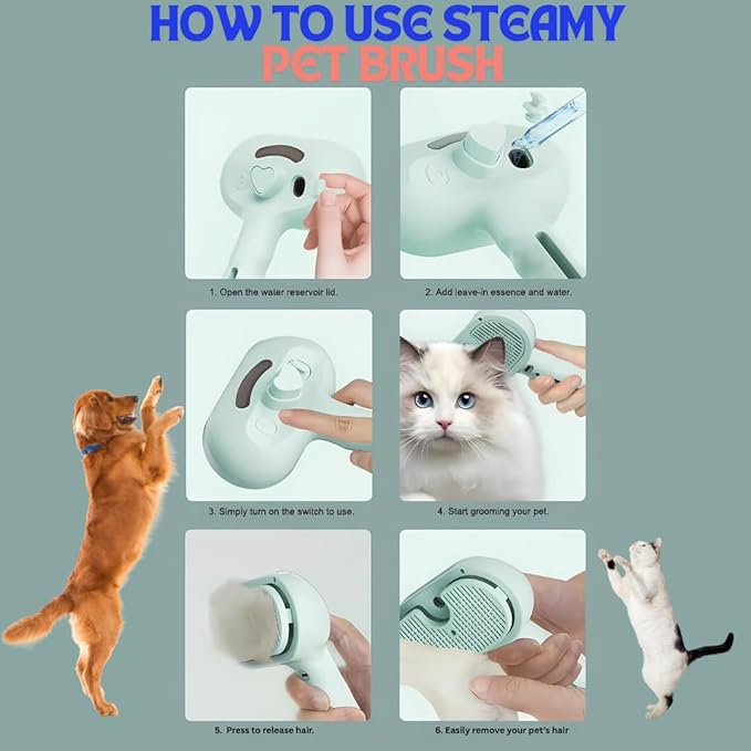 Pet Steam Brush for Cats Dogs, 3-in-1 Cat Grooming Tool with Water Spray and Quick Hair Release Button, Hair Removal Comb for Shedding, Steamy Brush (White)-Mewly Pet