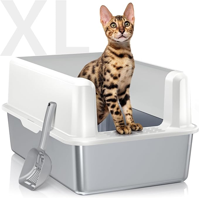Stainless Steel Cat Litter Box with Lid, XL Metal Litter Box for Big Cats, Extra Large Litter Box with High Sides, Never Absorbs Odors, Non-Sticky, Easy Clean, Anti-Urine Leakage, with Scoop-Mewly Pet