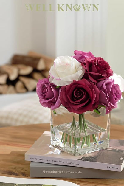 WELL KNOWN Rose Artificial Flowers in Vase with Faux Water, Silk Rose Table Centerpieces for Home Coffee Table Decor, Fake Roses Flower Arrangements for Office Hotel Lavatory Decor (Purple & White)
