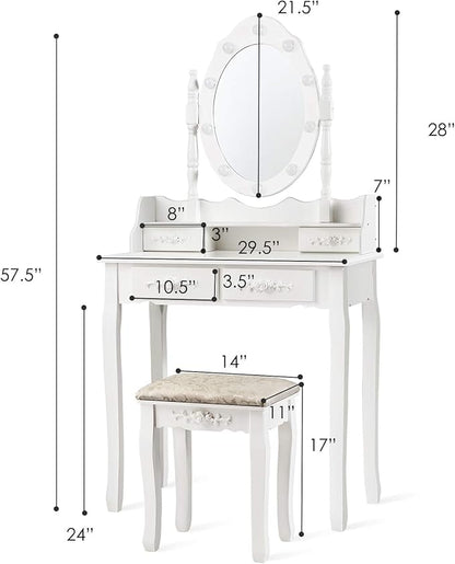 CHARMAID Makeup Vanity Table with 10 LED Lights, 4 Drawers, Storage Shelf, Rose Knob, Bedroom Dressing Makeup Table Vanity Desk with Cushioned Stool for Girls Women (White)
