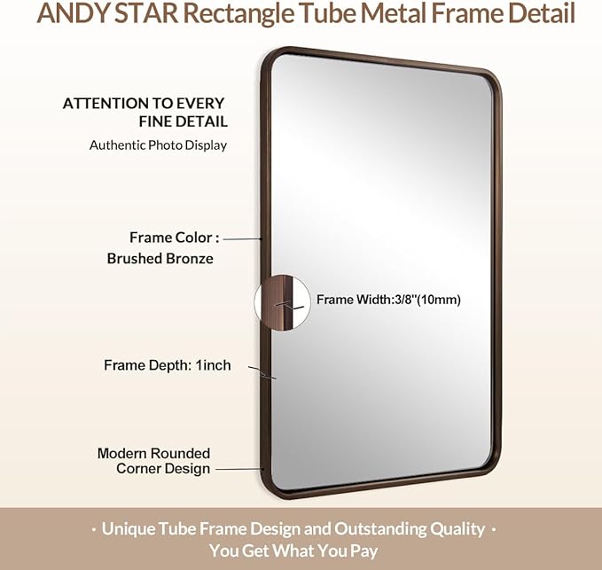 ANDY STAR 28x36 INCH Bronze Bathroom Mirror, Rounded Rectangle Oil Rubbed Bronze Mirrors for Bathroom,Tube Metal Framed, 1’’ Deep Wall Mounted Vertically/Horizontal