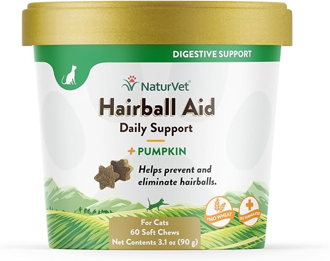 NaturVet – Hairball Aid Supplement for Cats - Plus Pumpkin – Helps Eliminate & Prevent Hairballs – 60 Soft Chews-Mewly Pet