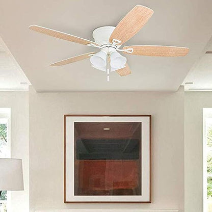 Honeywell Ceiling Fans Glen Alden, 52 Inch Classic Flush Mount Indoor LED Ceiling Fan with Light, Pull Chain, Quick-2-Hang Dual Finish Blades, Reversible Motor - 50520-01 (White)