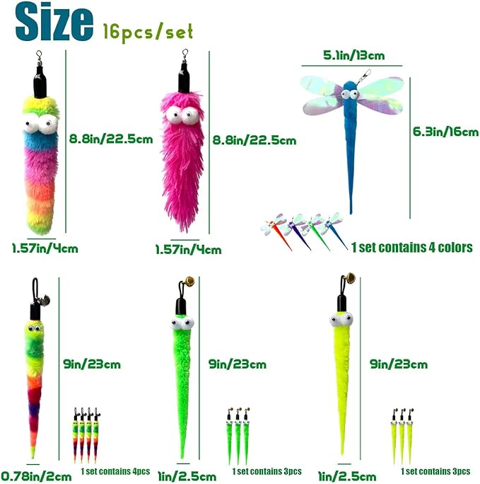 Cat Worm Teaser Toys Wand Attachments Fishing Pole Toy Refill - 16pcs Assorted Cat Worms-Mewly Pet