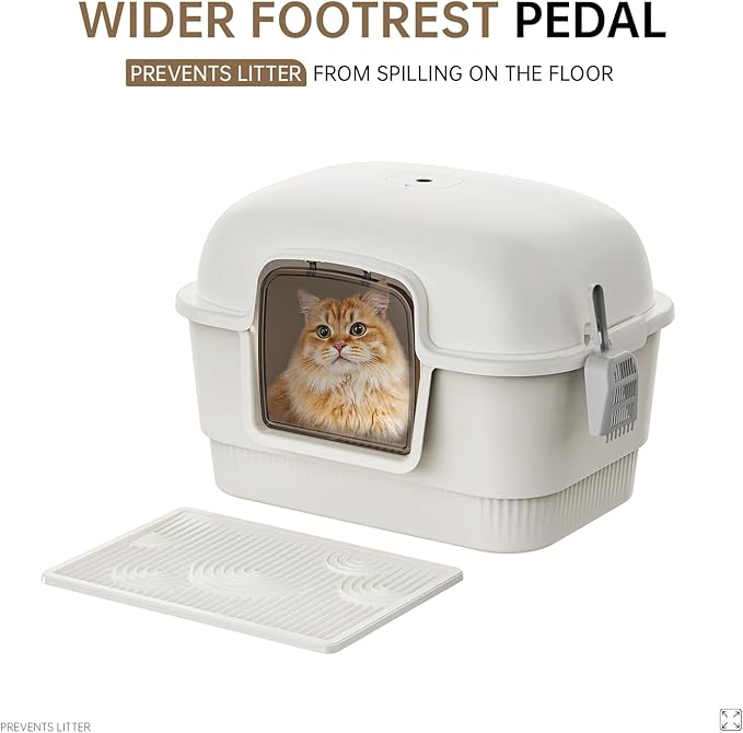Cat Litter Box with Litter Mat and Scoop,High Wall Enclosed Cat Litter Boxes for Anti-Leakage, Covered Kitty Litter Box with Handle and Buckles for Portability and Privacy, Odor Control (White)-Mewly Pet