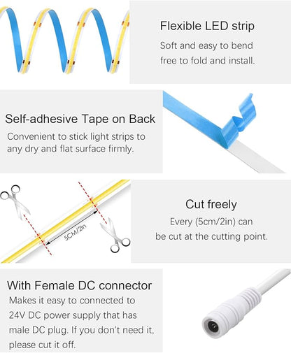 ALITOVE 32.8ft COB LED Strip Light Kit Natural White 4000K Flexible Super Bright 24V High Density LED Tape Light 3200LEDs CRI90+ Dimmable LED Light Strip for Indoor Home Commercial Lighting Decor