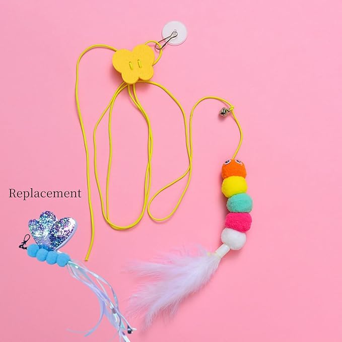 GUCHO Cat Toys for Indoor Toys,Rainbow Cat Wand Toys,Feather Flips Plush Ball Cat Toys,Interactive Real Feather Cat Toy for Teaser Play and Chase Exercise with Kitten 4 Pack-Mewly Pet